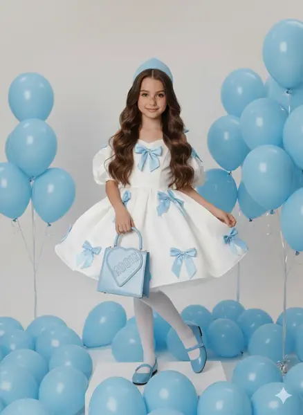 Rochie alba eleganta din tafta cu fundite bleu pentru fete - Berta