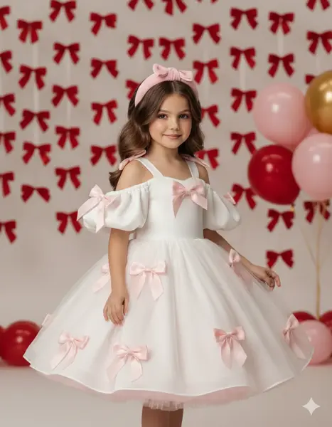 Rochie alba eleganta din tafta cu fundite bleu pentru fete - Berta