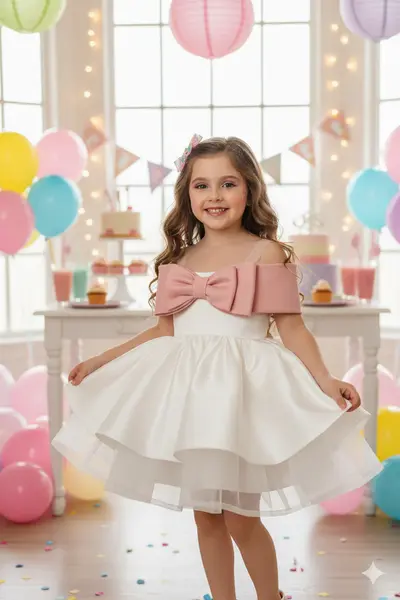 Rochie alba eleganta din tafta si funda roz pentru fete - Norah