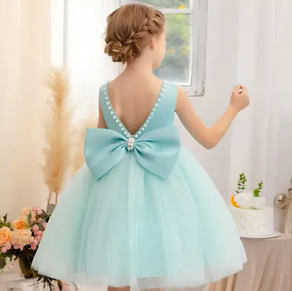 Rochie alba eleganta pentru fete, cu fundita si perle - Luna