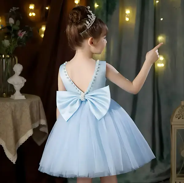 Rochie alba eleganta pentru fete, cu fundita si perle - Luna