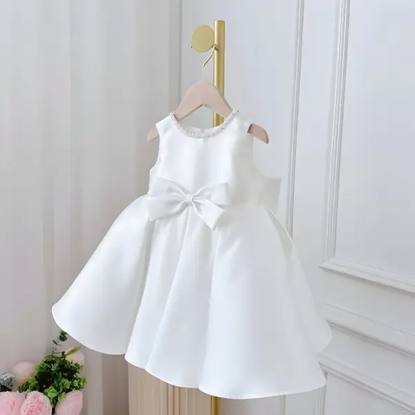 Rochie alba eleganta pentru fete, cu fundite din tafta - Ember