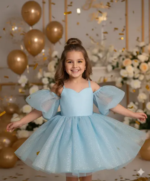 Rochie alba eleganta pentru fete, din tulle cu glitter si maneci bufante - Eloise