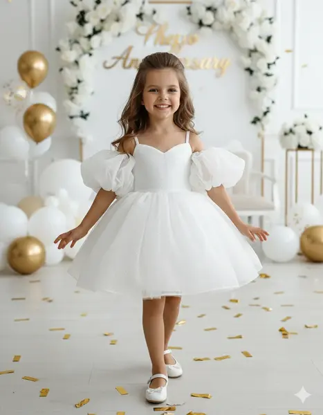 Rochie alba eleganta pentru fete, din tulle cu glitter si maneci bufante - Eloise