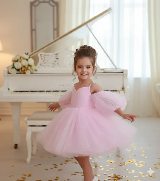 Rochie alba eleganta pentru fete, din tulle cu glitter si maneci bufante - Eloise