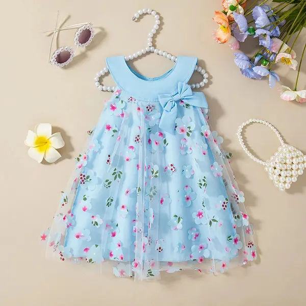 Rochie Albastra Fetite cu Floricele Valeria - 2-3 ani