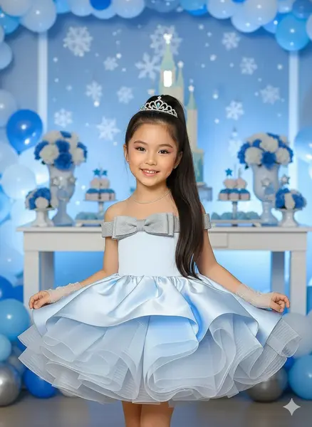Rochie bleu eleganta cu fundita argintie pentru fete - Elsa