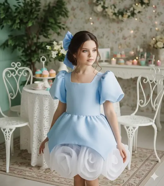 Rochie bleu eleganta din tafta si flori handmade pentru fete - Annabelle