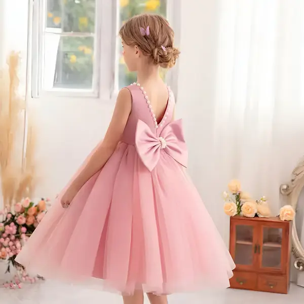 Rochie bleu eleganta pentru fete, cu fundita si perle - Luna