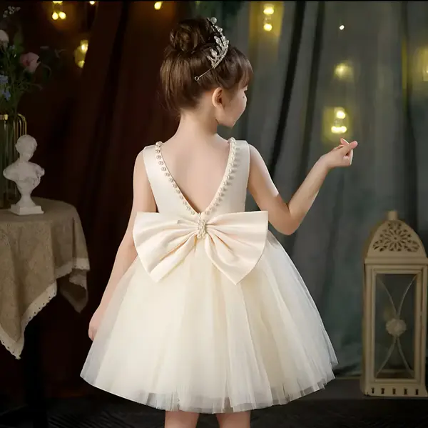 Rochie bleu eleganta pentru fete, cu fundita si perle - Luna
