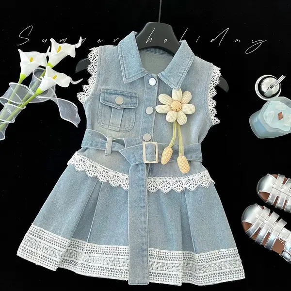 Rochie Blugi Fetițe Denim cu Dantelă Albă și Curea Victoria - 4-5 ani