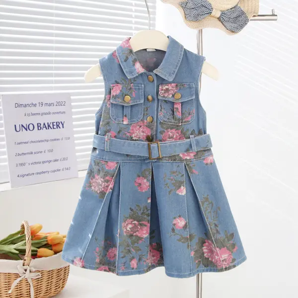 Rochie Blugi Fetițe Denim cu Imprimeu Roz și Curea Livia - 2-3 ani