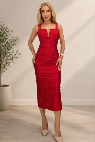 Rochie bodycon de seara MONALYS, cu funda fixa si cristale, ROSU, Marime S/M