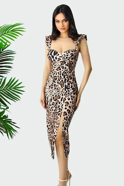 Rochie bodycon Ditsy, slit adanc si imprimeu animal print leopard, Bej, Marime S/M
