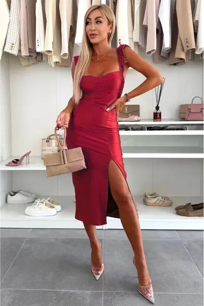 Rochie bodycon Ditsy UNI, cu volanase si crapatura pe picior, Rosu, Marime S/M