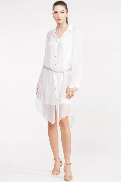 Rochie camasa din matase si vascoza alba, cu dublura