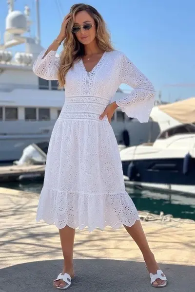 Rochie casual brodata FILIONELA, cu lungime midi si maneca evazata, Alb, Marime S/M