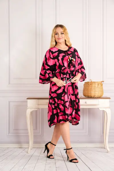 Rochie ciclam midi boho chic cu imprimeuri in degrade