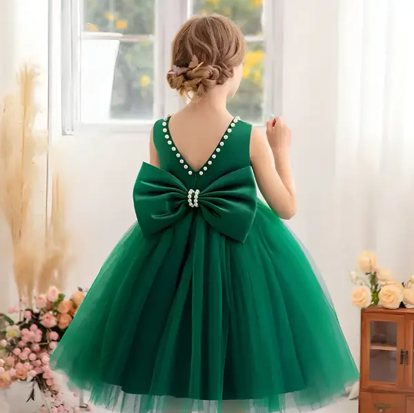Rochie crem eleganta pentru fete, cu fundita si perle - Luna