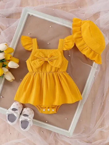 Rochie cu pălărie galbena - 6-9luni
