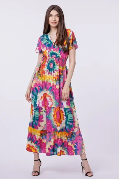 Rochie cu talia evidentiata si bust petrecut, imprimeu floral predominant fucsia
