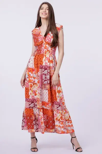 Rochie cu talia evidentiata si bust petrecut, imprimeu floral portocaliu
