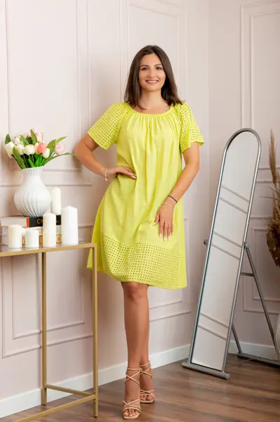 Rochie dama galben lamaie din bumbac Sandy cu perforatii
