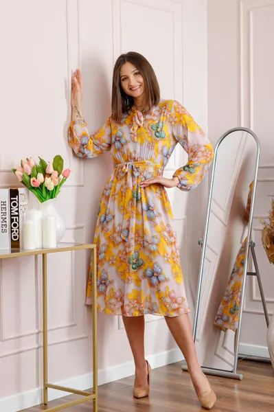 Rochie dama galbena Alessandra din voal cu imprimeu floral si cordon in talie