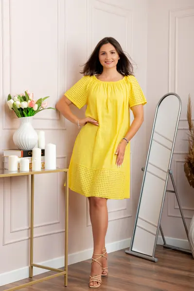 Rochie dama galbena din bumbac Sandy cu perforatii