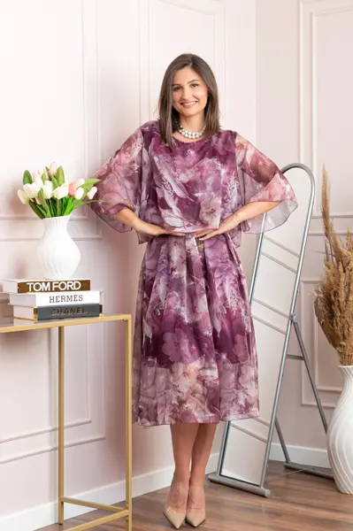 Rochie dama Theresa din voal cu imprimeu floral mov pruna