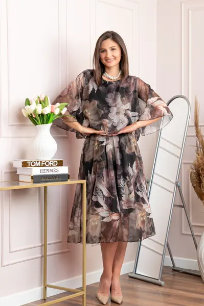 Rochie dama Theresa din voal cu imprimeu floral negru