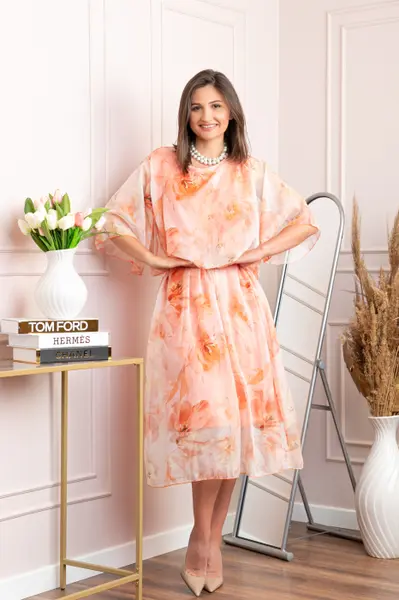 Rochie dama Theresa din voal cu imprimeu floral roz piersica