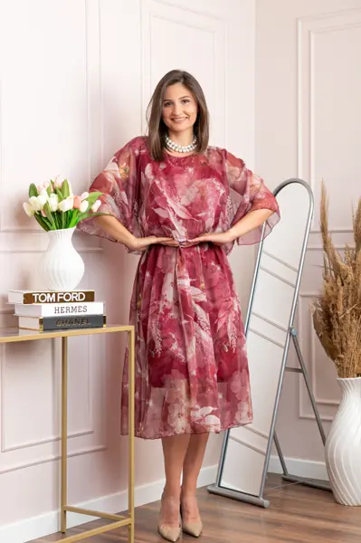 Rochie dama Theresa din voal cu imprimeu floral visiniu