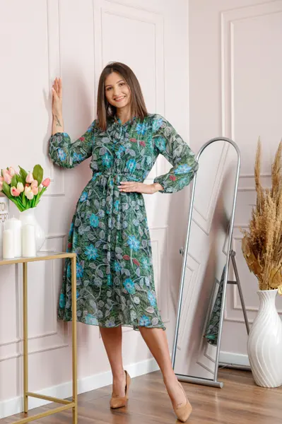 Rochie dama verde Alessandra din voal cu imprimeu floral si cordon in talie