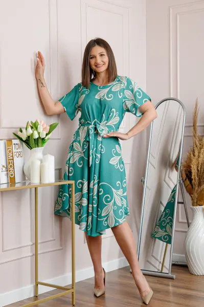 Rochie dama verde mint Avery cu imprimeu floral si cordon in talie