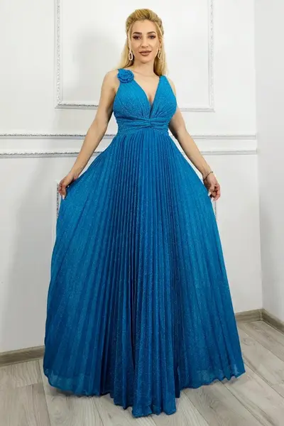 Rochie de ocazie AZARIA, cu pliuri si croiala empire, Albastru