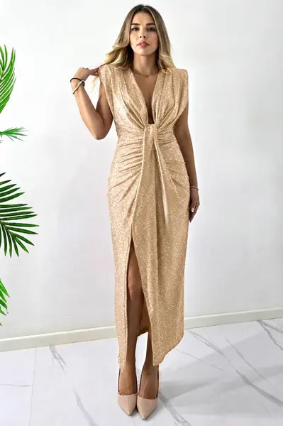Rochie de ocazie cu cristale JHOSY si decolteu adanc, Crem, Marime S/M