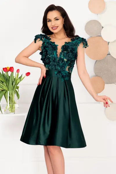 Rochie de ocazie eleganta verde in clos Liana cu flori 3D