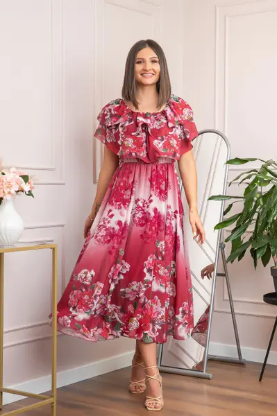 Rochie de ocazie Elle cu volane ample si imprimeuri florale - Rosu