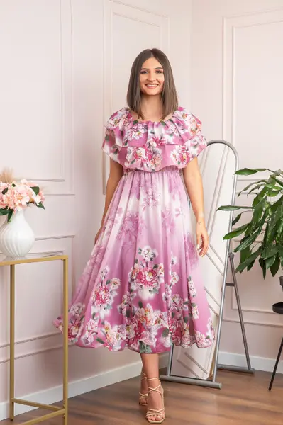 Rochie de ocazie Elle cu volane ample si imprimeuri florale - Roz