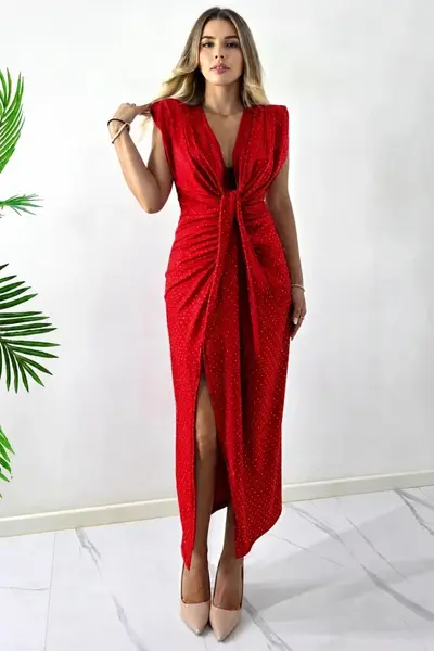 Rochie de ocazie fara maneci JHOSY, cu paiete si decolteu, Rosu, Marime S/M