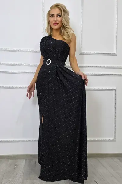 Rochie de ocazie VelaNORA, texturata integral cu micro-cristale si falduri, Negru, Marime S/M