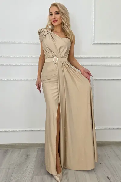 Rochie de ocazie VelaNORA, texturata integral cu micro-cristale si falduri, AURIU, Marime S/M