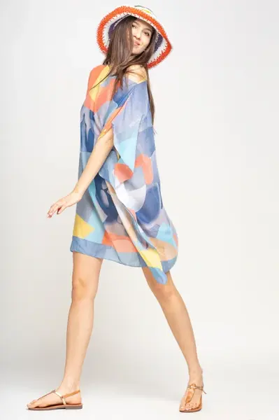 Rochie de plaja tip poncho cu model abstract in nuante de albastru jeans, portocaliu si gri , vascoza