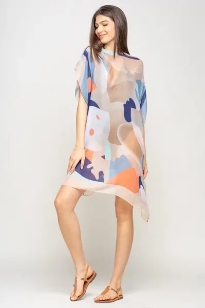 Rochie de plaja tip poncho cu model abstract in nuante de bej, alb si albastru, vascoza