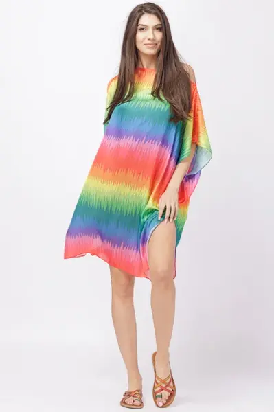 Rochie de plaja tip poncho din matase cu imprimeu curcubeu
