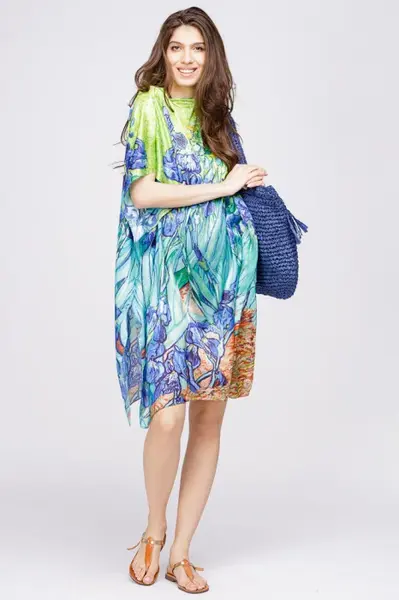 Rochie de plaja tip poncho din matase cu reproducere dupa Irisi - de Van Gogh