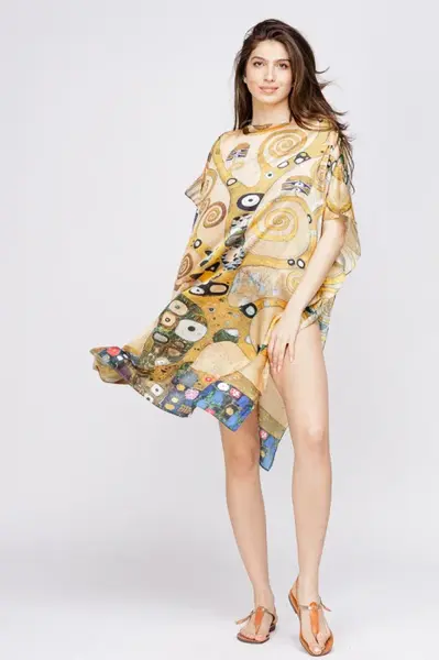 Rochie de plaja tip poncho din matase cu reproducere dupa Pomul Vietii - Gustav Klimt