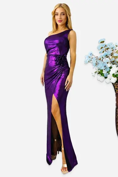 Rochie de seara, JoeLLe, cu detaliu floral si umarul gol, Mov Metalizat, Marime S/M