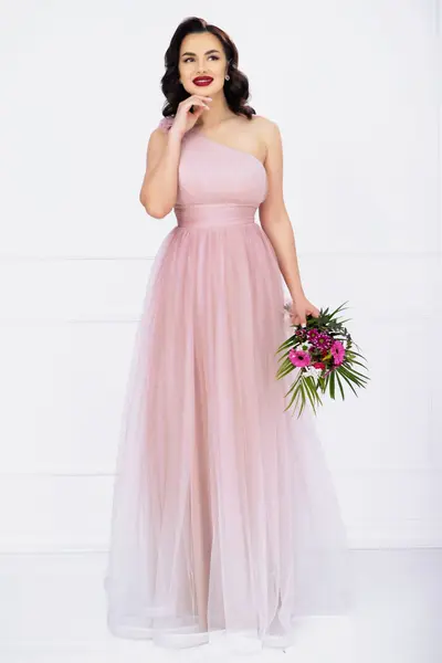 Rochie de seara Kendra lunga rose in degrade eleganta din tulle cu floare 3D
